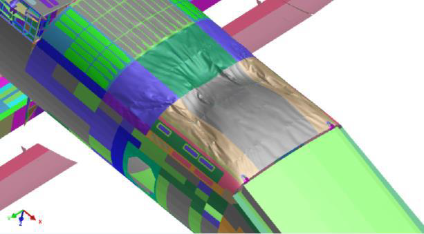 Structural deformations on the entire aircraft using a semi-analytical method for calculating hydrodynamic loads. Image
