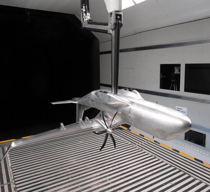 Model during wind tunnel test. Image